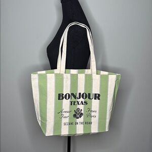 Sezane Bonjour Texas Green & Ecru Striped Cotton Tote Bag NEW
